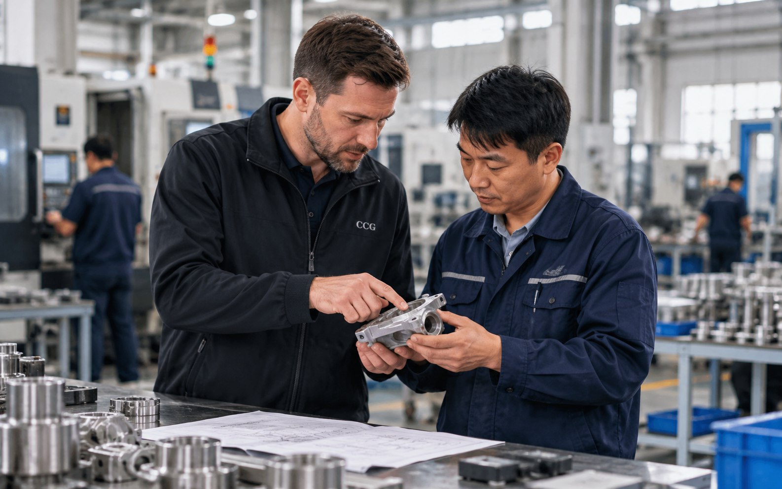 Business representative and a Chinese factory representative examining a metal component together on the factory floor