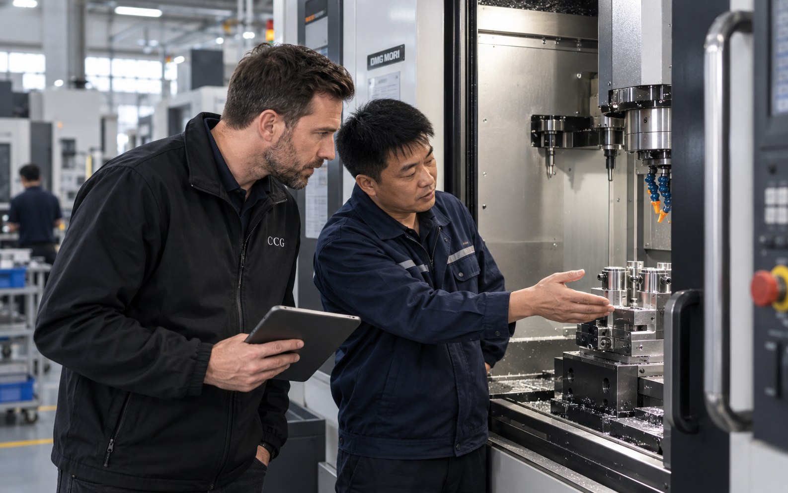 CCG representative and factory engineer inspecting CNC manufacturing equipment in China