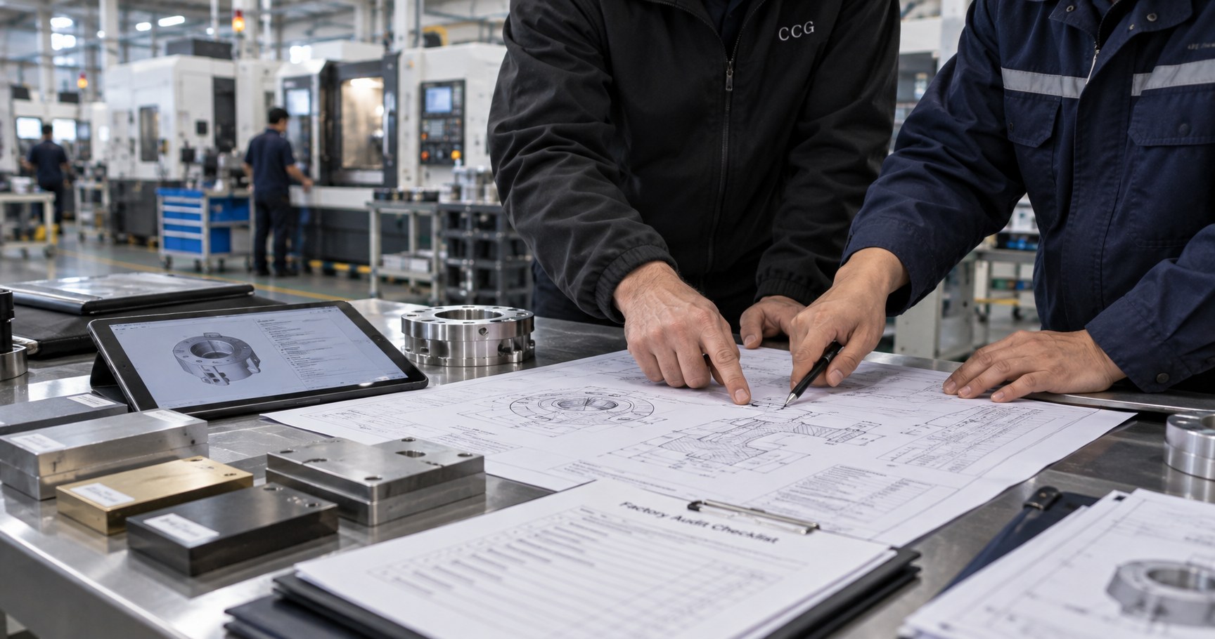 Engineering drawings and manufacturing requirements reviewed during a factory audit