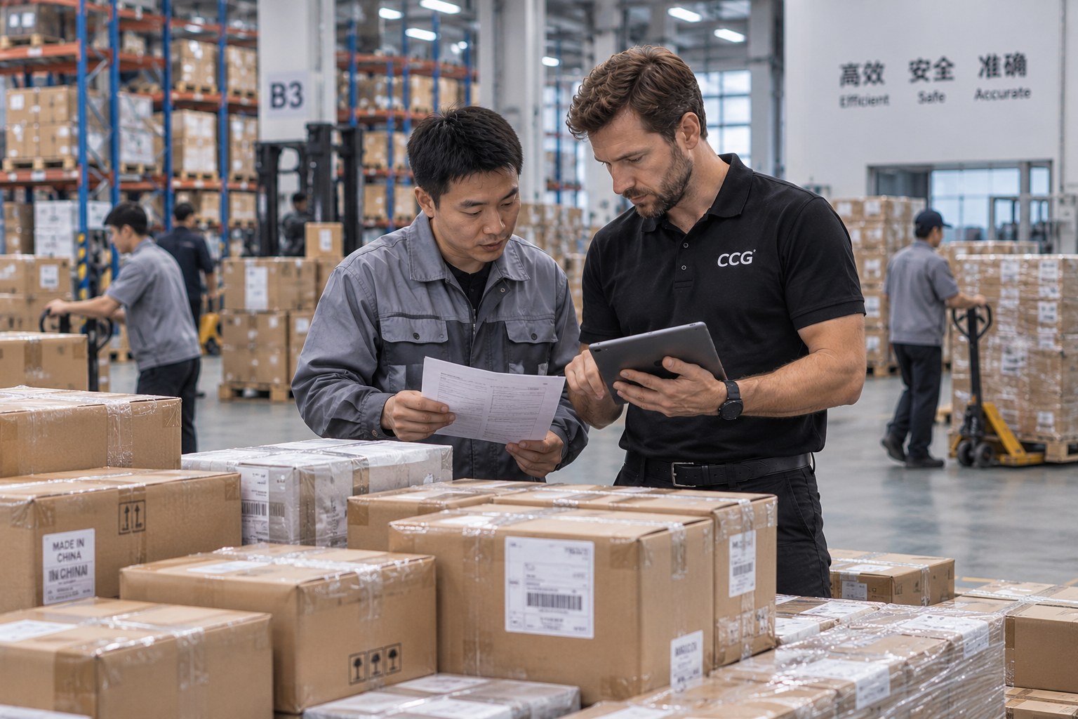 CCG representative coordinating consolidated supplier shipments with warehouse staff in China