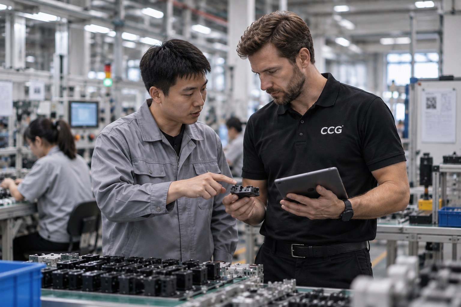 CCG representative reviewing a production component with a factory worker in China