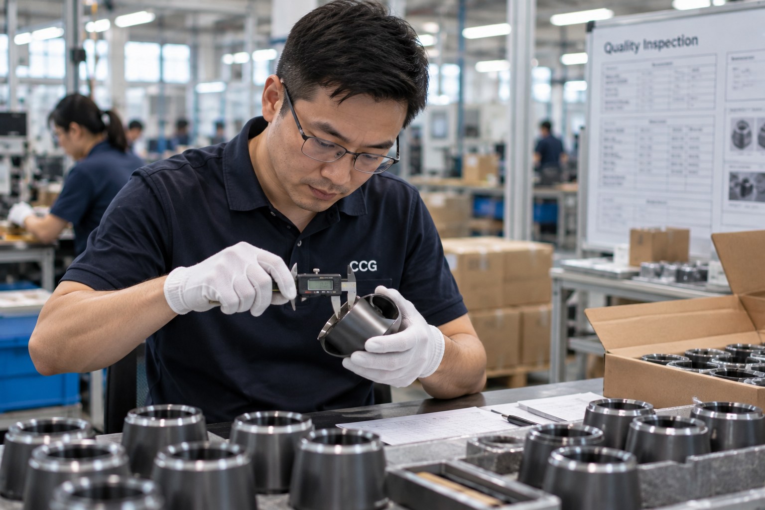 Inspector using a digital caliper to measure a metal component next to finished parts