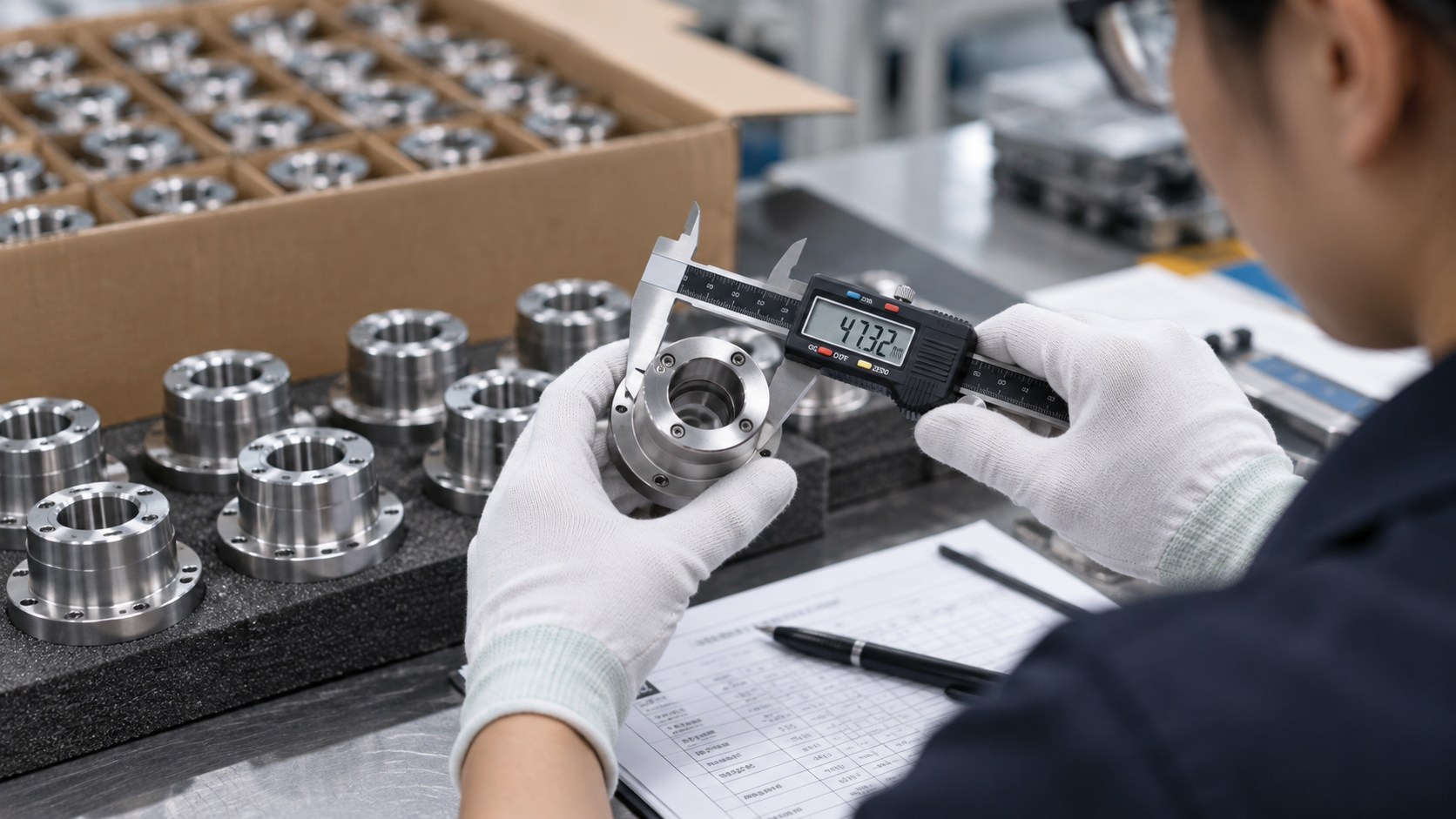 Close-up of gloved hands using a digital caliper to measure a metal part, with an open carton of parts behind