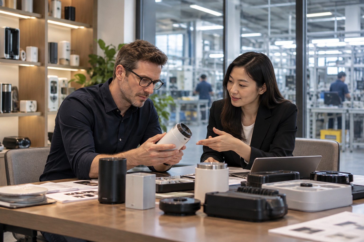 Buyer and Chinese manufacturer representative reviewing a product sample, with additional samples on the table