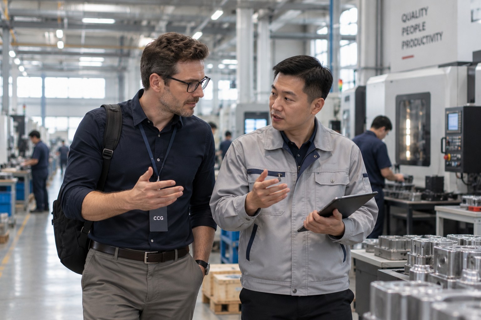 CCG representative talking with a Chinese factory representative on the production floor
