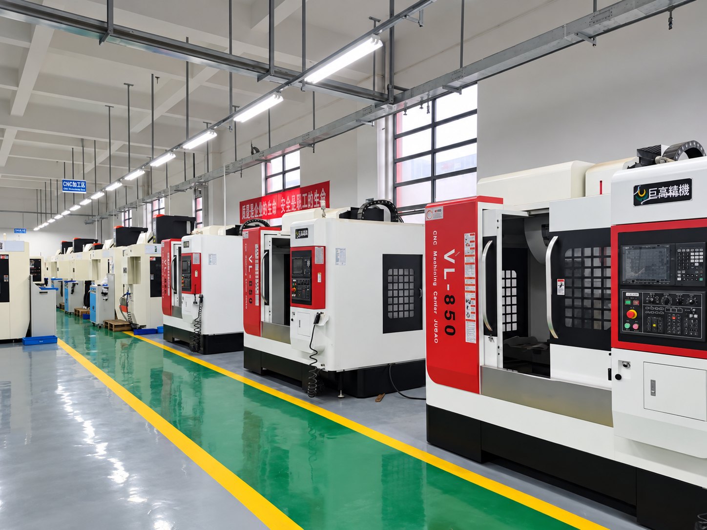 Row of CNC machining centers inspected during a factory capability review in China