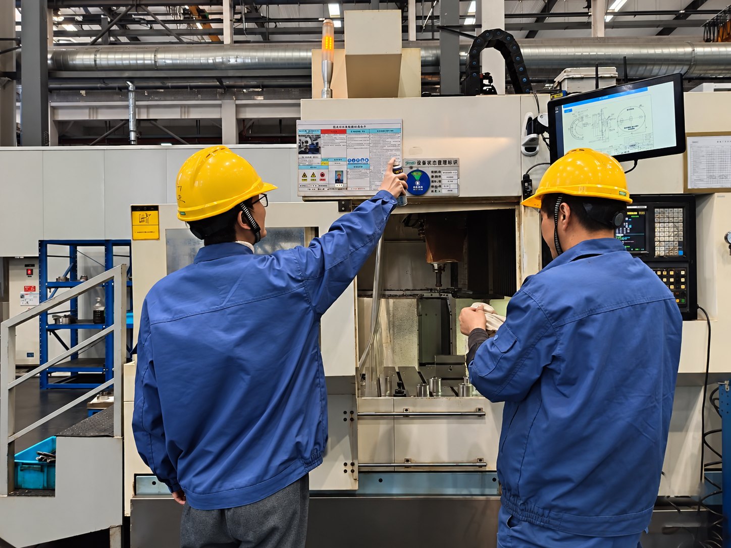Two inspectors in hard hats reviewing a CNC machining center during an on-site factory audit in China