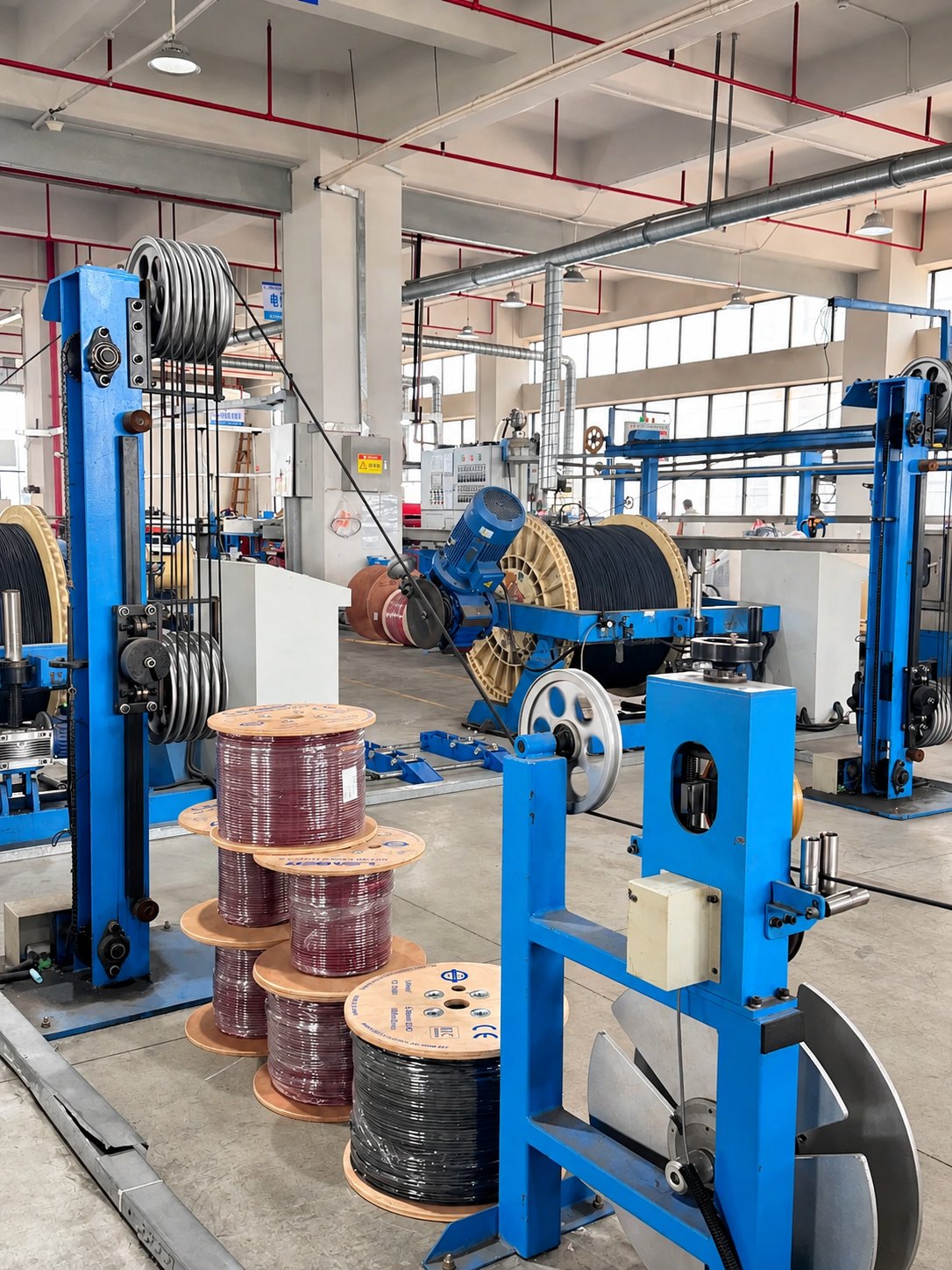 Cable production machinery and reels at a Chinese manufacturing facility