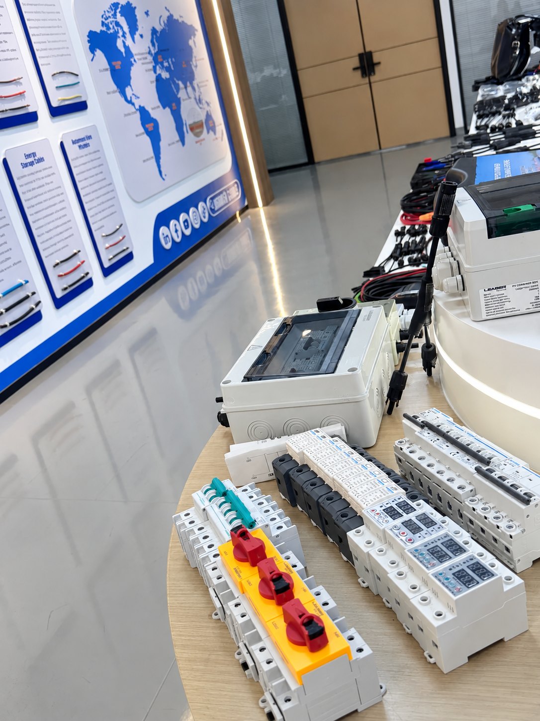 Electrical components and product range displayed during a supplier visit in China