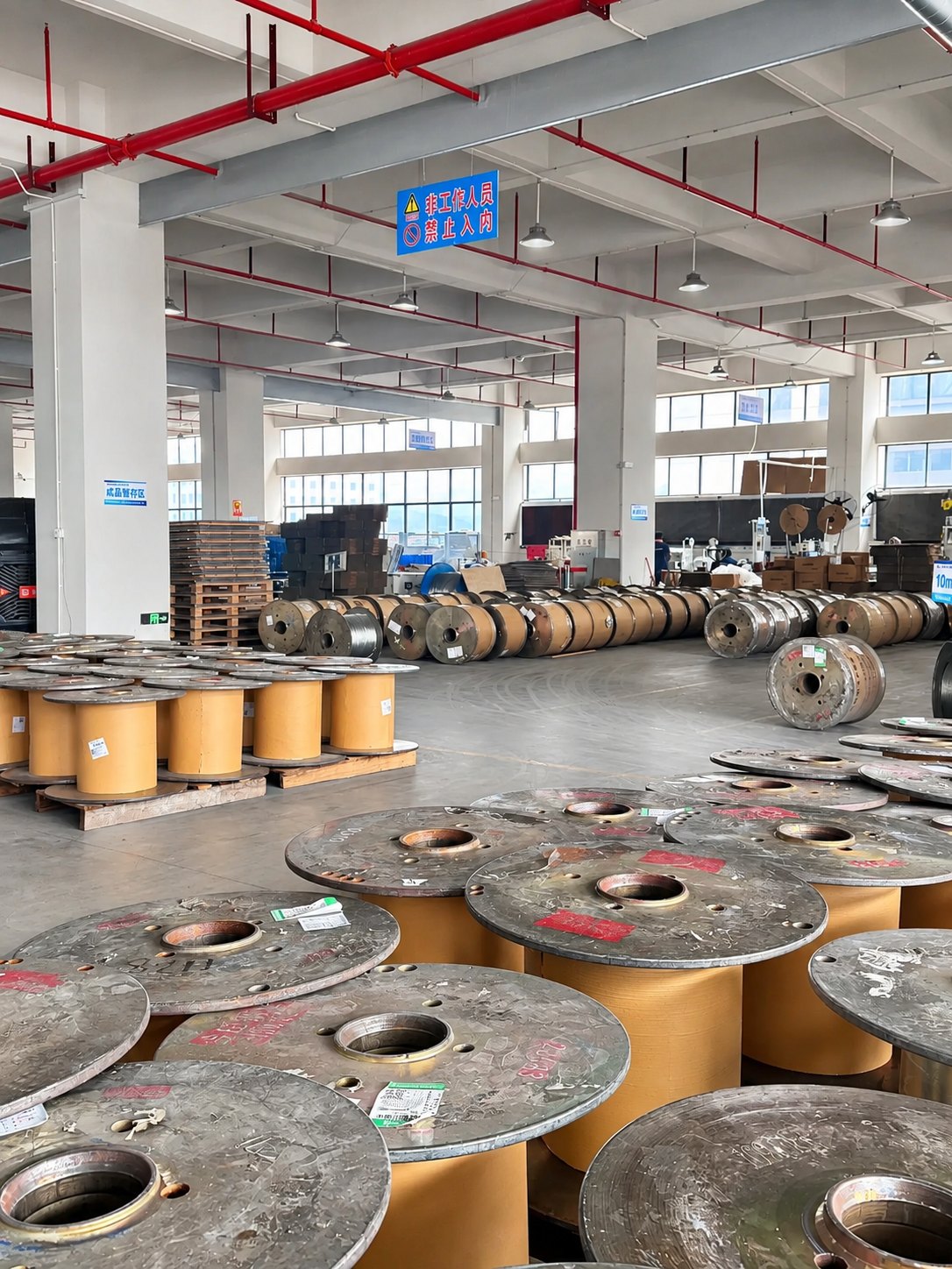 Production and storage floor with cable reels at a Chinese manufacturing facility