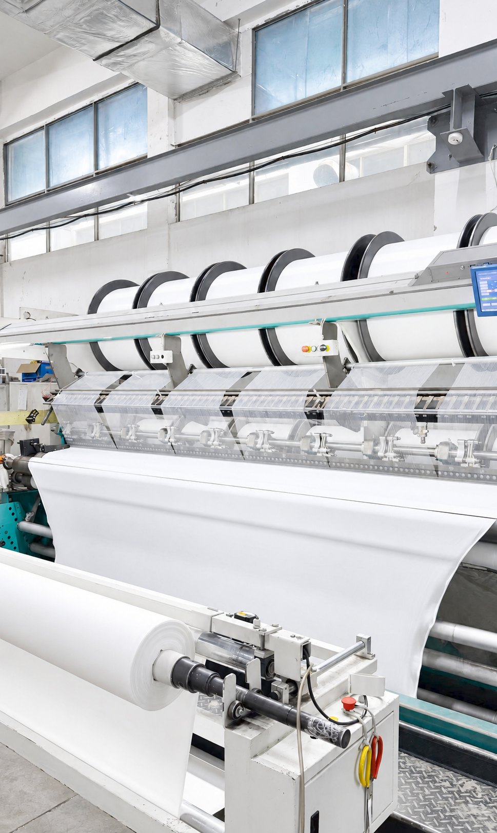 Continuous fabric moving through textile manufacturing equipment in China