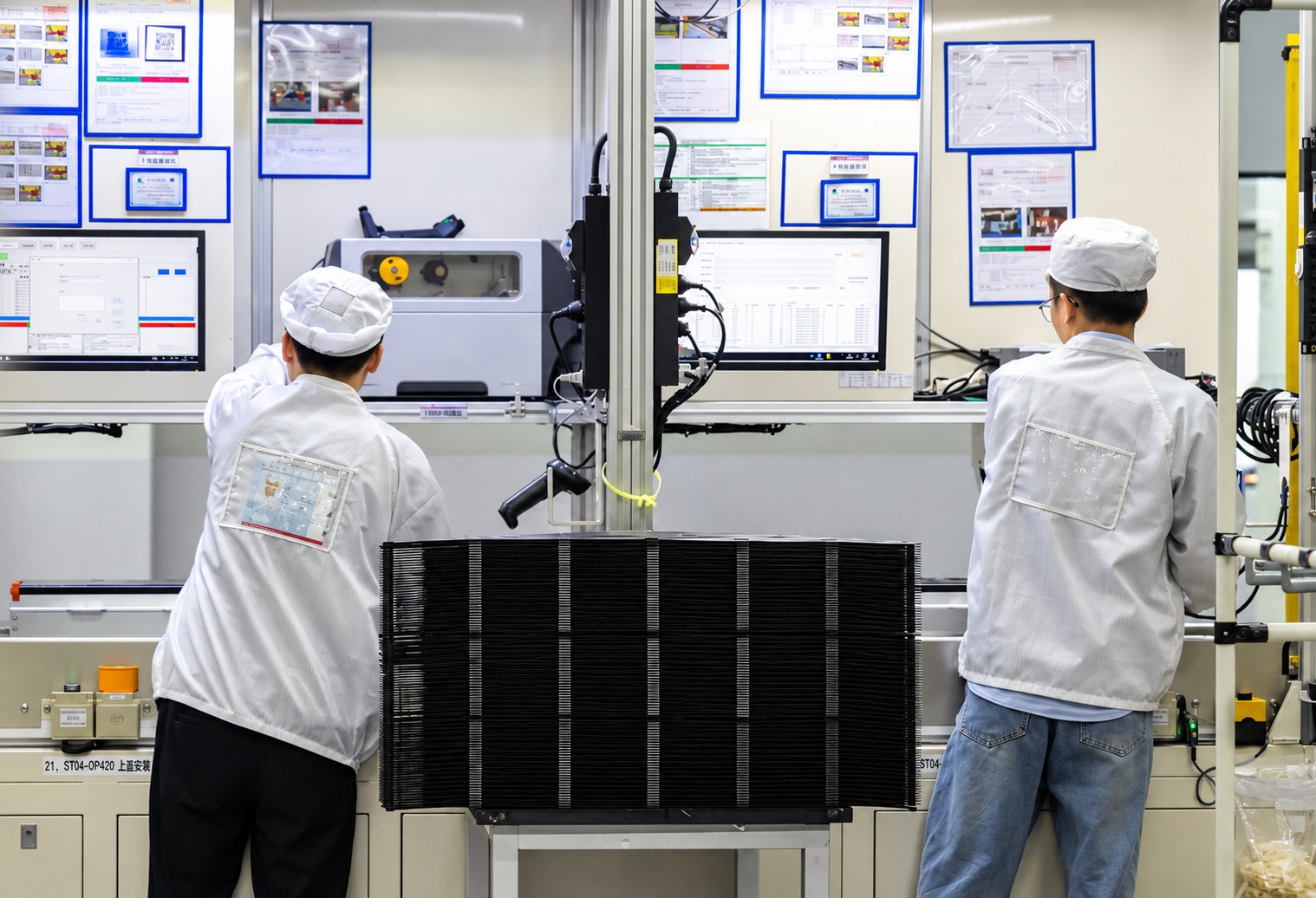 Factory personnel monitoring battery module production equipment in China
