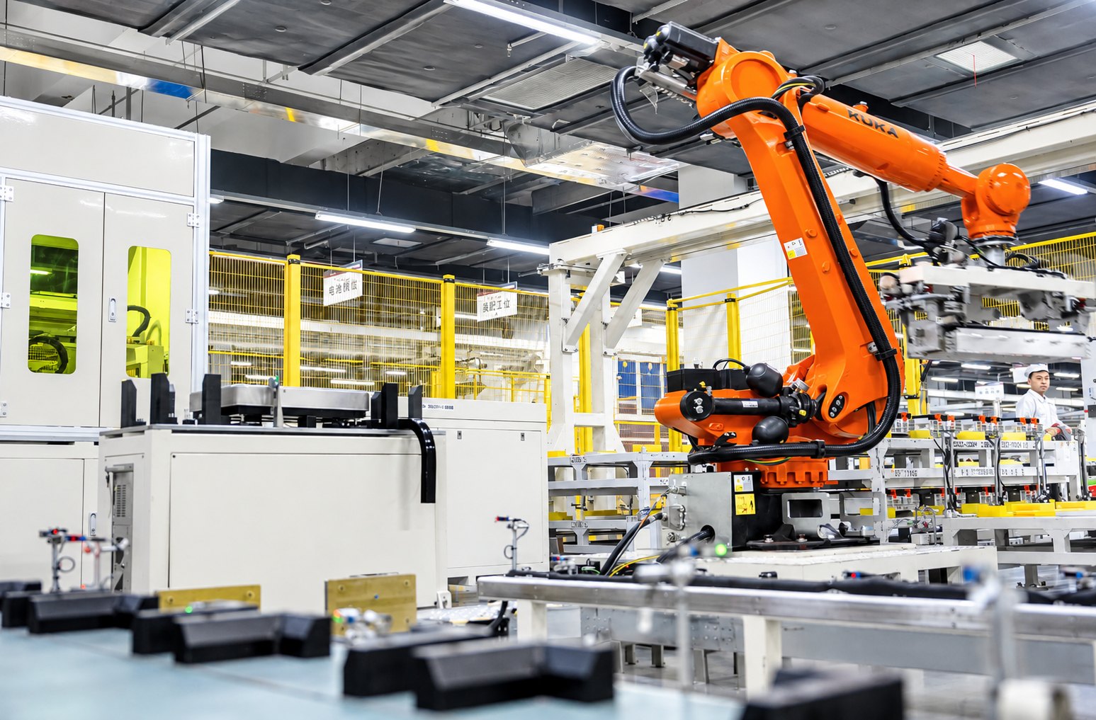 Industrial robot operating on a battery module production line in China