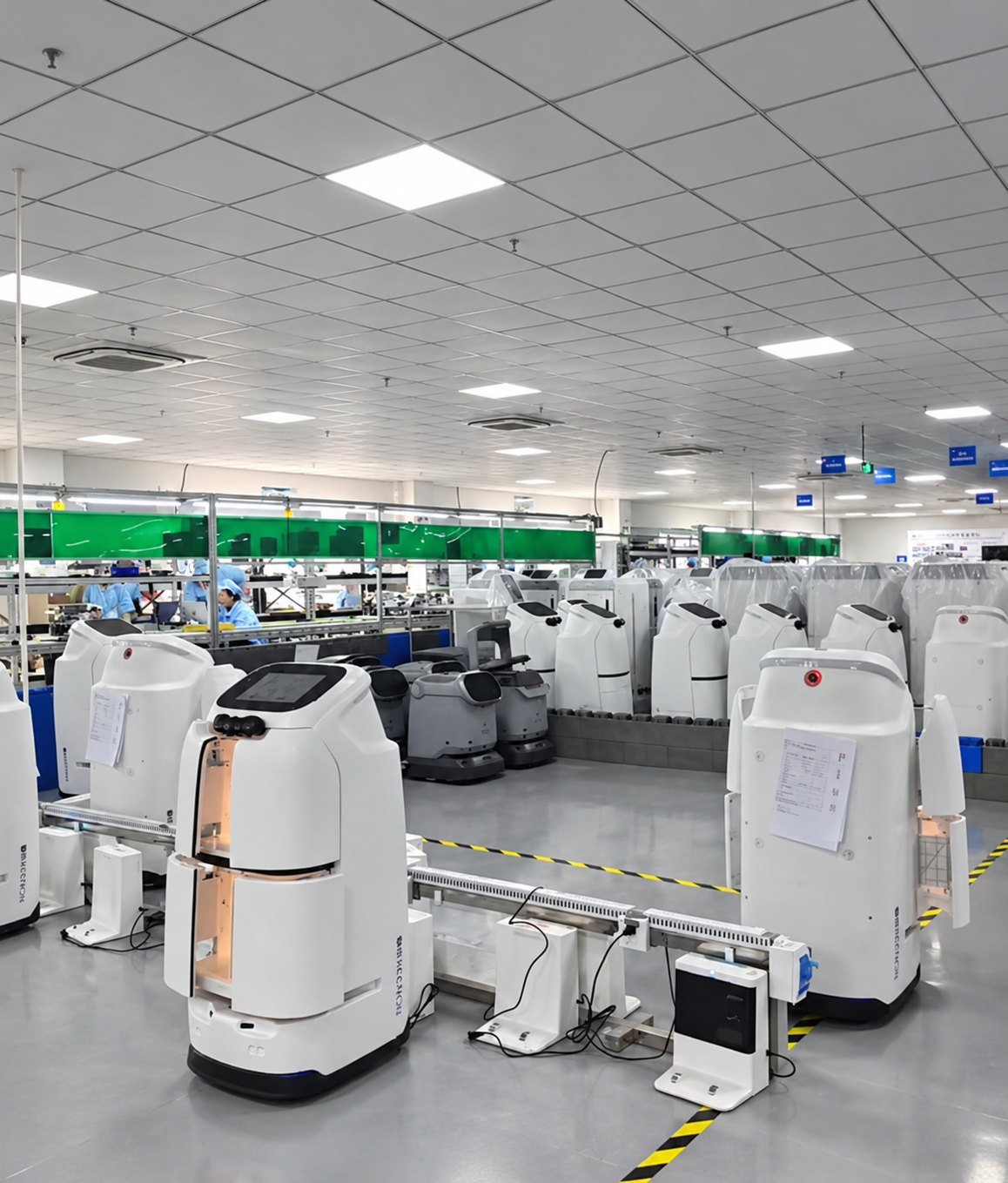Assembled commercial service robots on a production floor in China