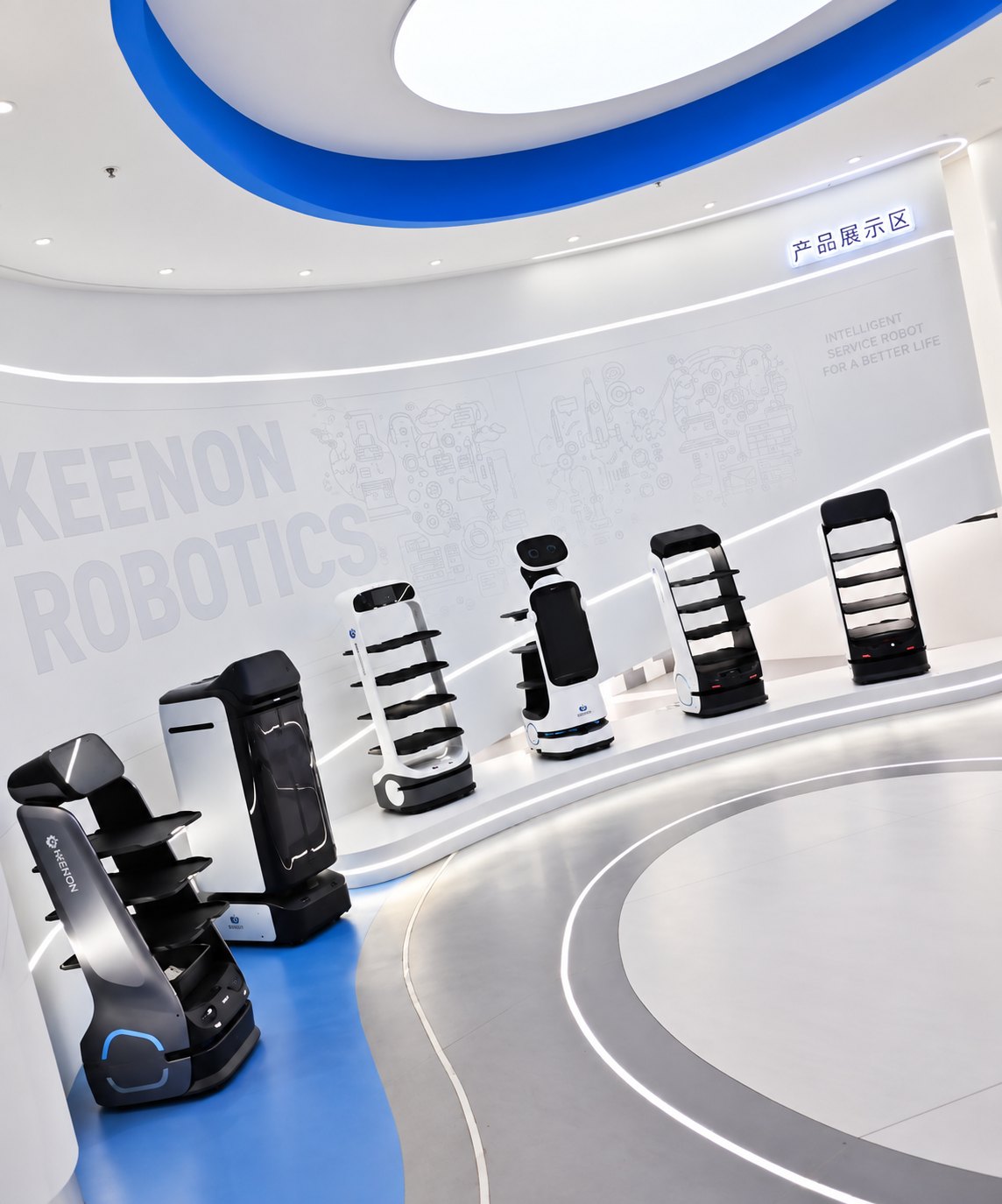 Showroom display of commercial service robots at a Chinese manufacturer