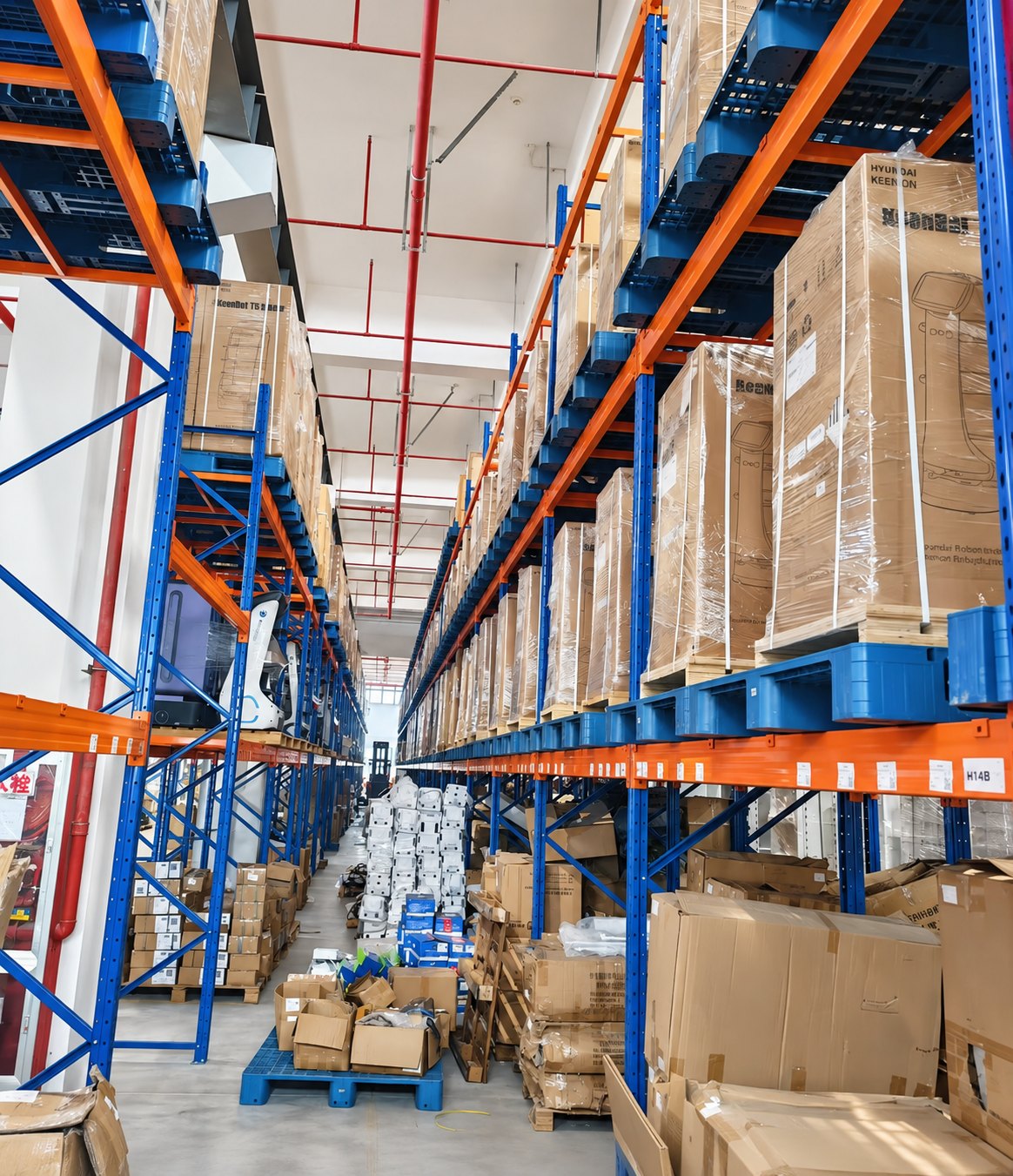 Packaged commercial service robot units stored in a warehouse in China