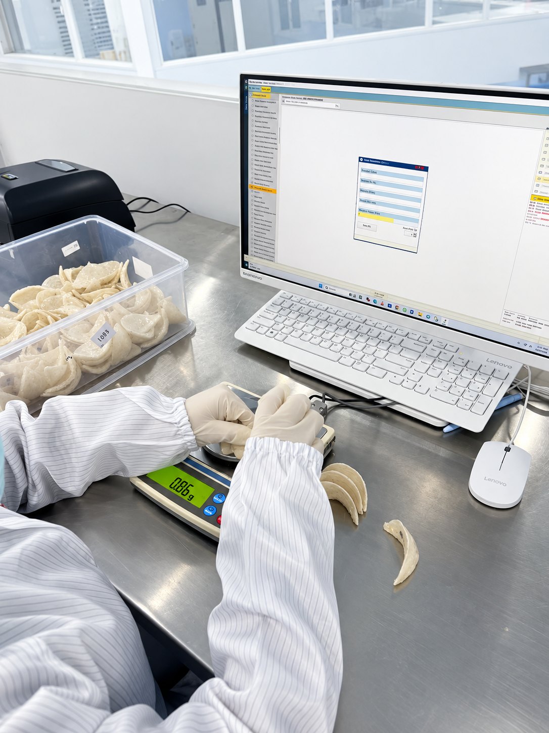 Individual edible bird's nest piece being weighed at a production workstation