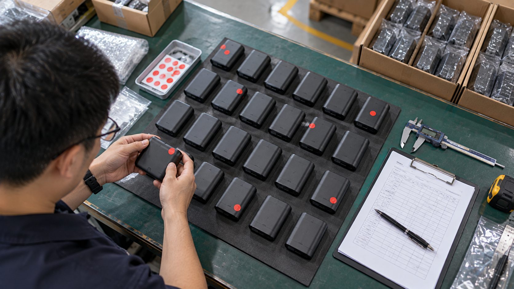 A sample of identical products arranged in rows on an inspection table, with a few units marked using small defect-category stickers