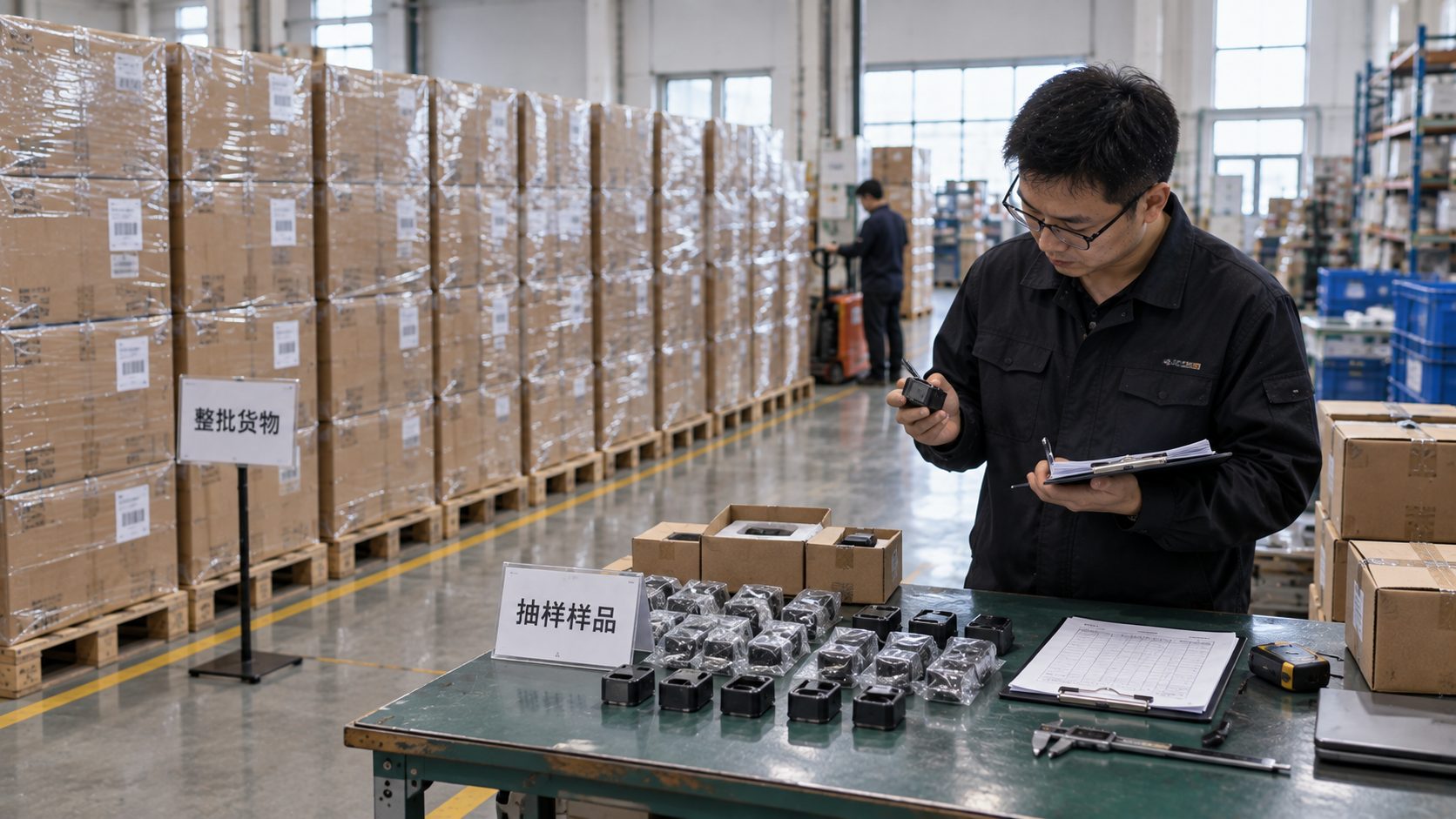 A large lot of boxed products in a warehouse next to a smaller separated inspection sample, with an inspector counting and recording defects