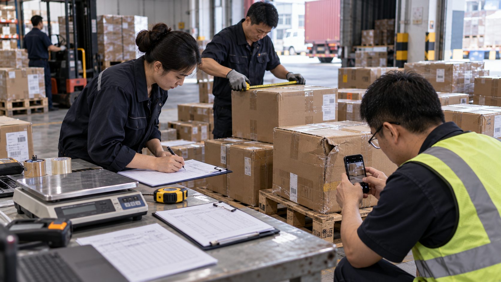 Incoming cartons from multiple suppliers being received, measured and labelled with reference stickers, with one slightly damaged carton being photographed