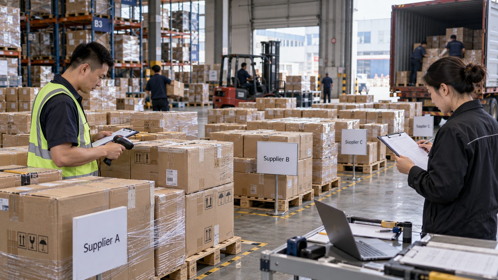 Cartons from several suppliers grouped into organised zones in a warehouse before one outbound shipment, with a warehouse operator scanning cartons