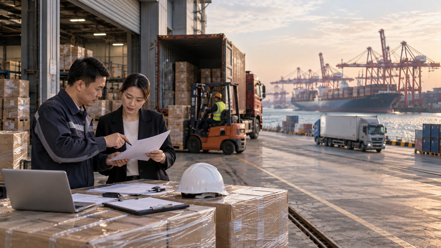 A factory loading dock with cartons and a truck in the foreground and a container terminal visible in the distance, with a coordinator reviewing a cost sheet
