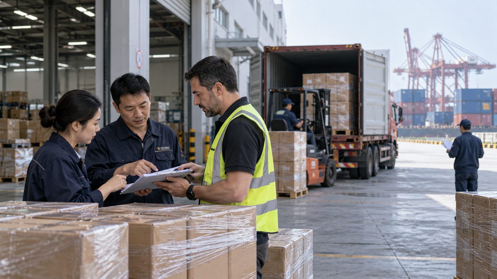 Finished export cartons at a factory loading area with a truck waiting outside, while a logistics coordinator checks pickup details with factory staff