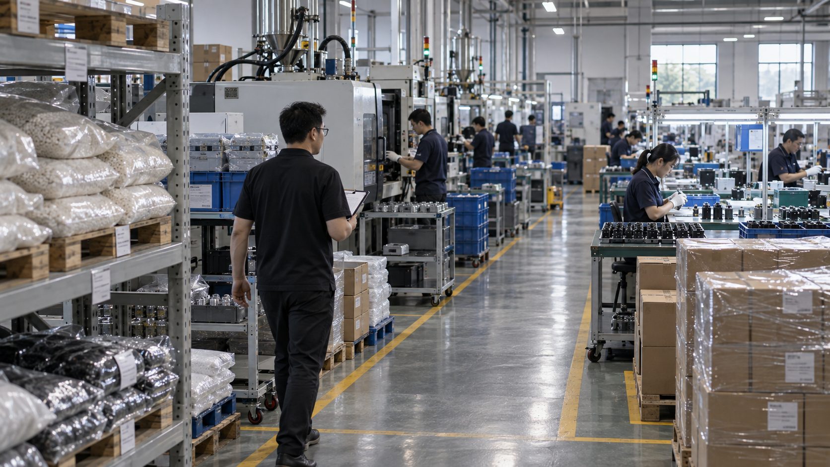 Incoming material racks, active production and an inspection bench arranged in a natural production flow, with an auditor following the route