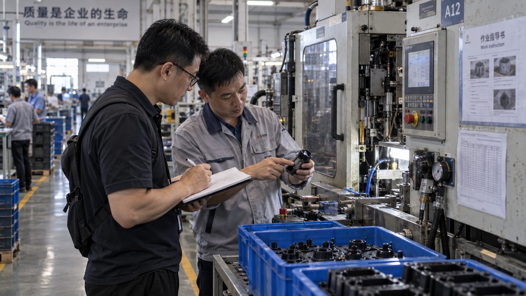 An inspector and factory engineer beside active industrial machinery during an on-site factory audit in China, with the inspector taking notes