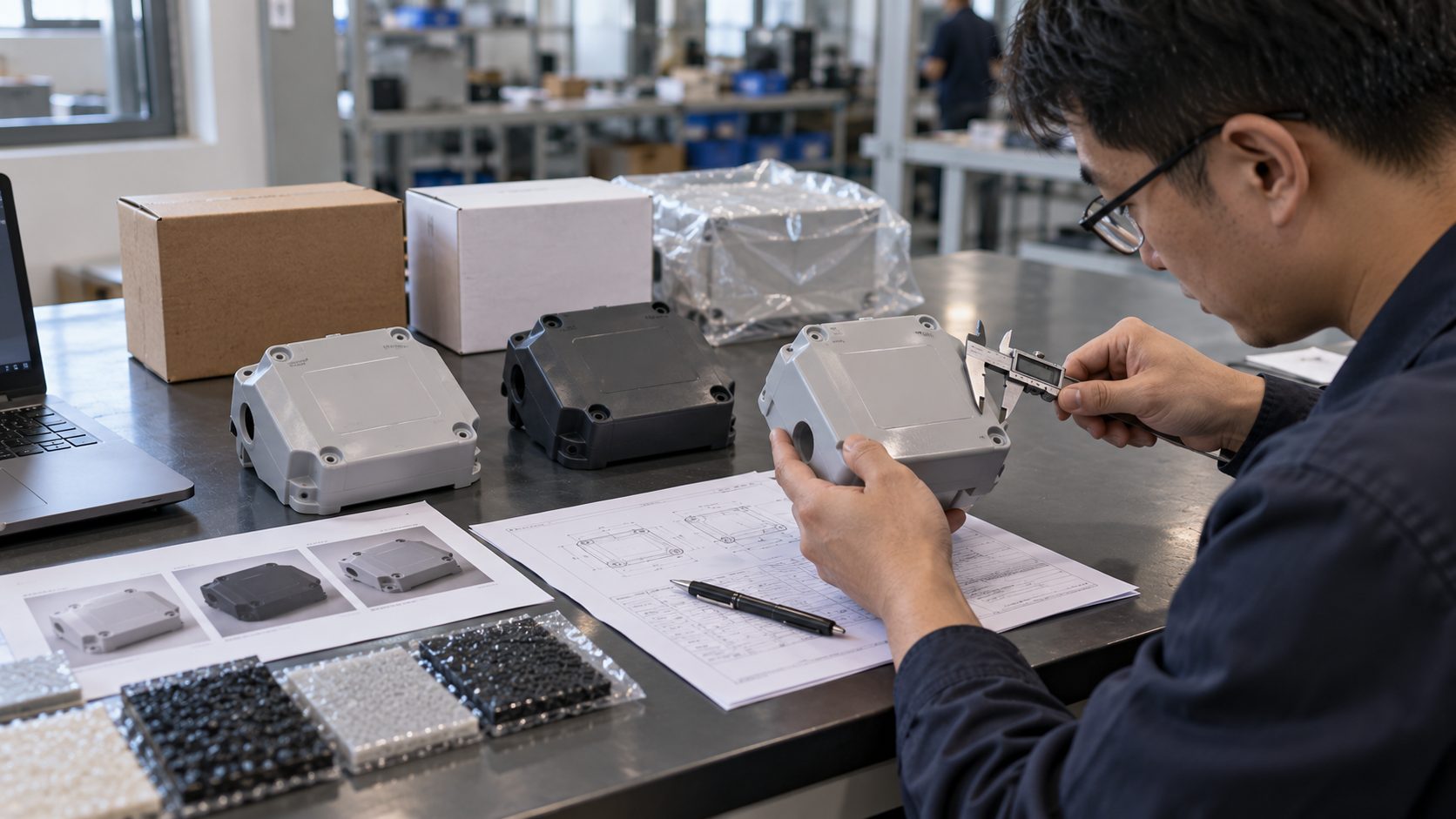 Three similar moulded plastic enclosures laid out on a worktable, being compared with a caliper and specification sheet