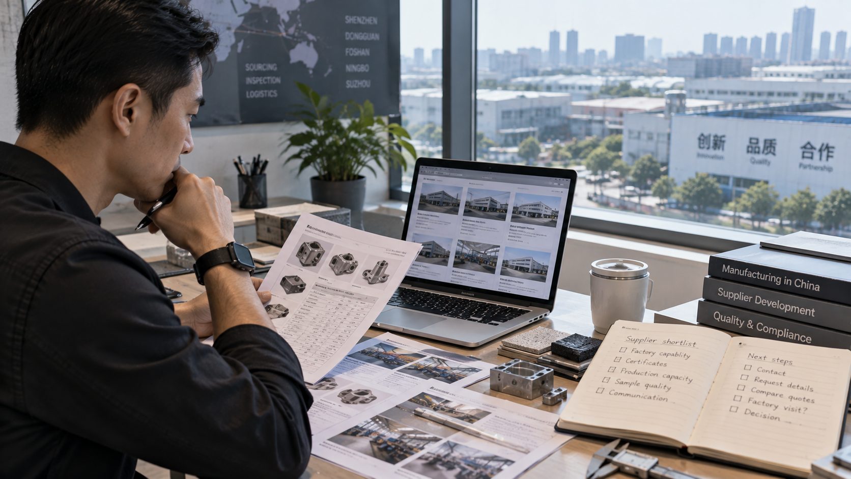 A sourcing specialist comparing several Chinese manufacturer profiles and product specifications across a laptop, notebook and printed samples