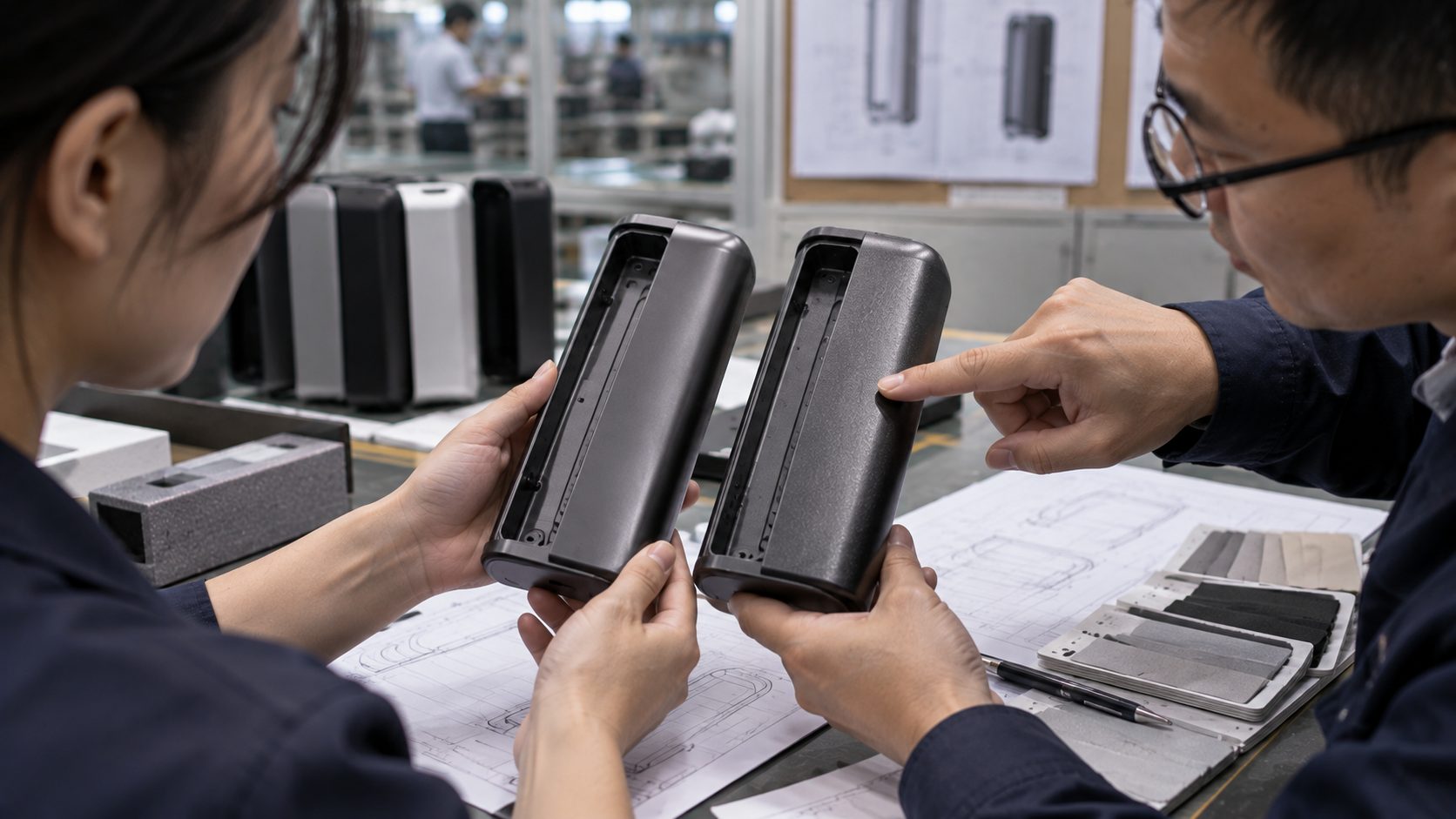 Two near-identical product components shown side by side, with an engineer pointing to a small material or finish change next to the updated drawing