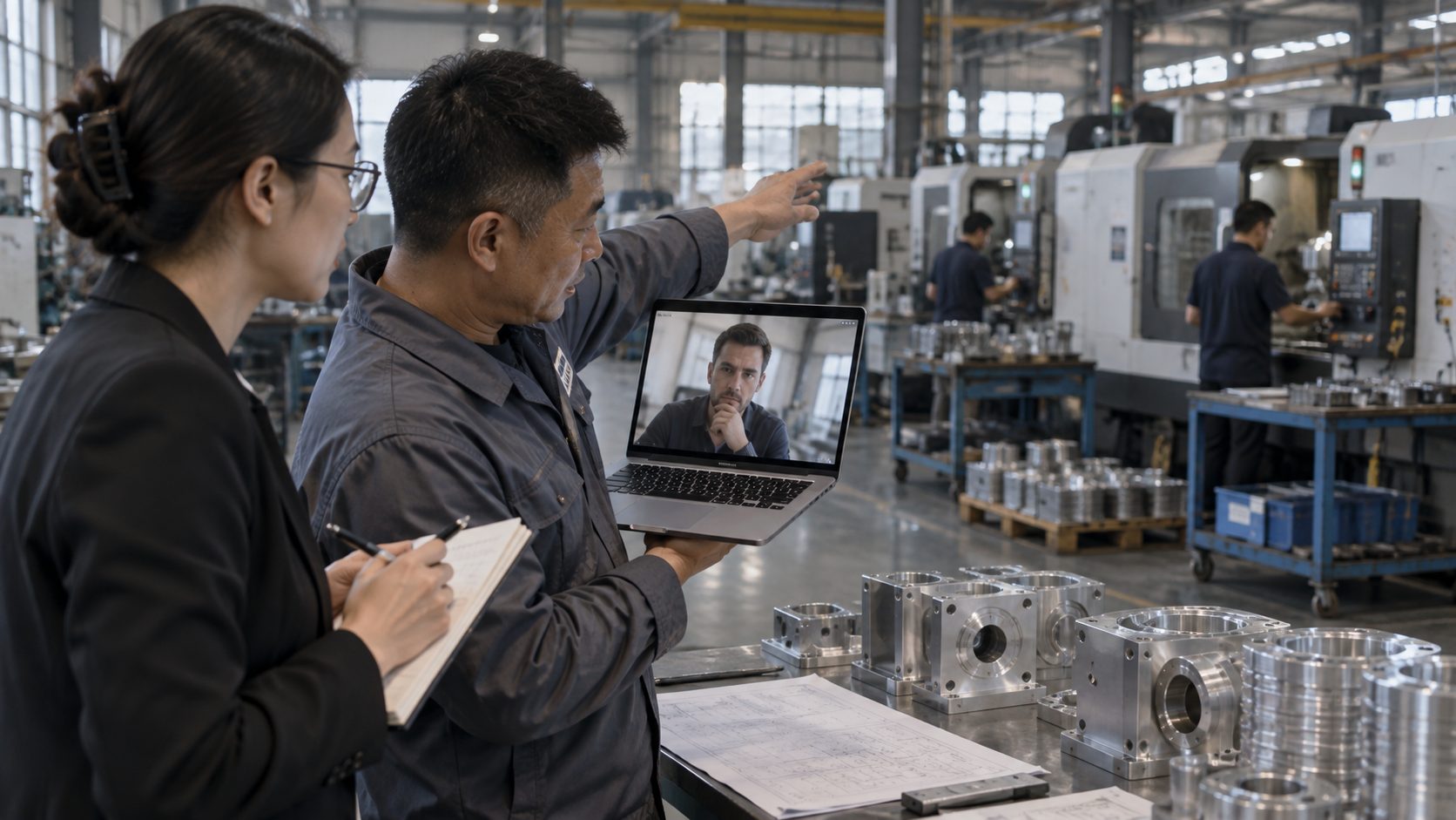 An inspector on a video call with a factory representative pointing toward CNC machining equipment on the production floor