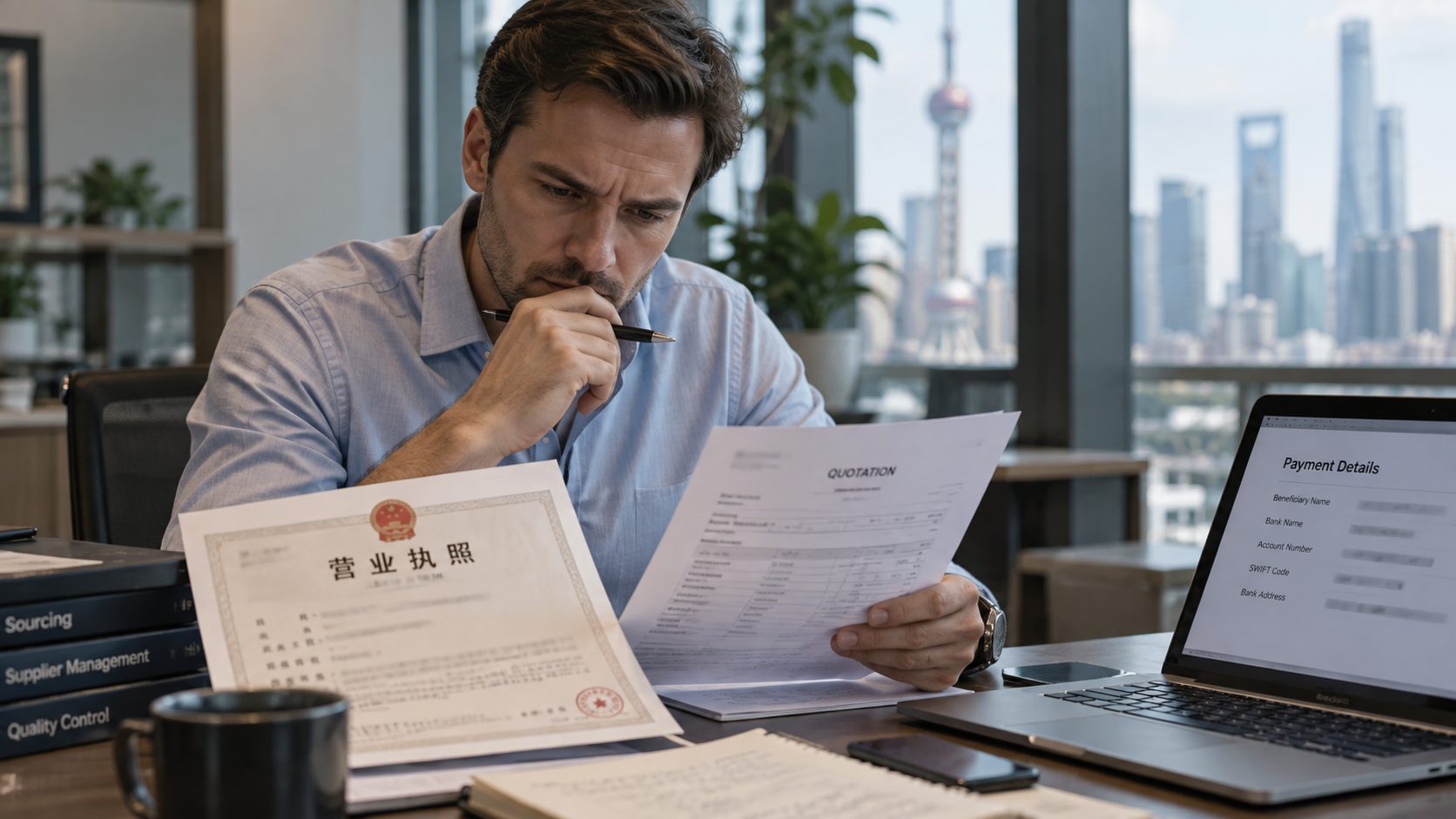 A business buyer at a desk in Shanghai comparing a Chinese business licence, a supplier quotation and bank payment details on a laptop screen