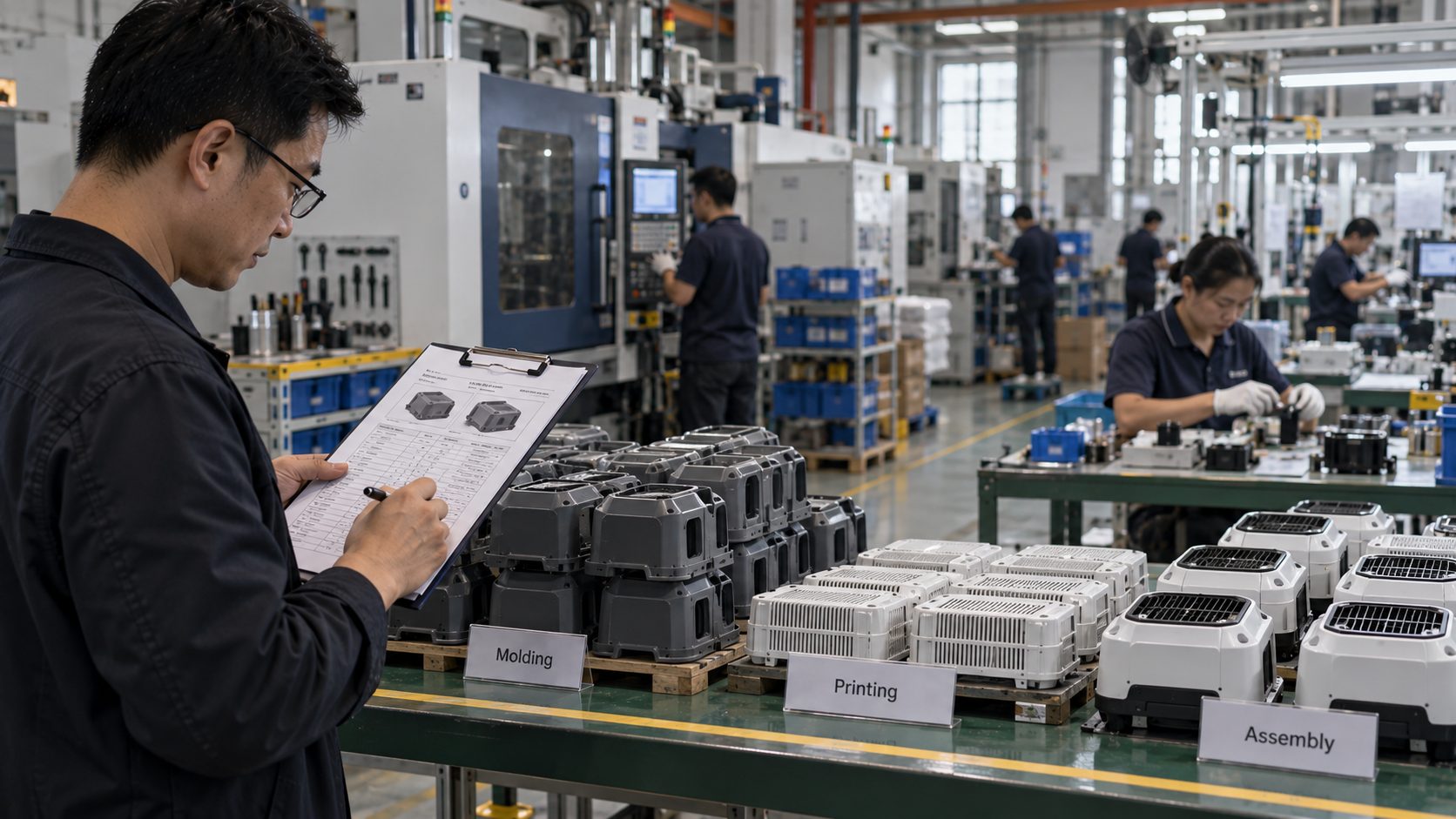 Moulded, printed and assembled components from one product line visible together in a Chinese factory, with an operations person checking a process sheet