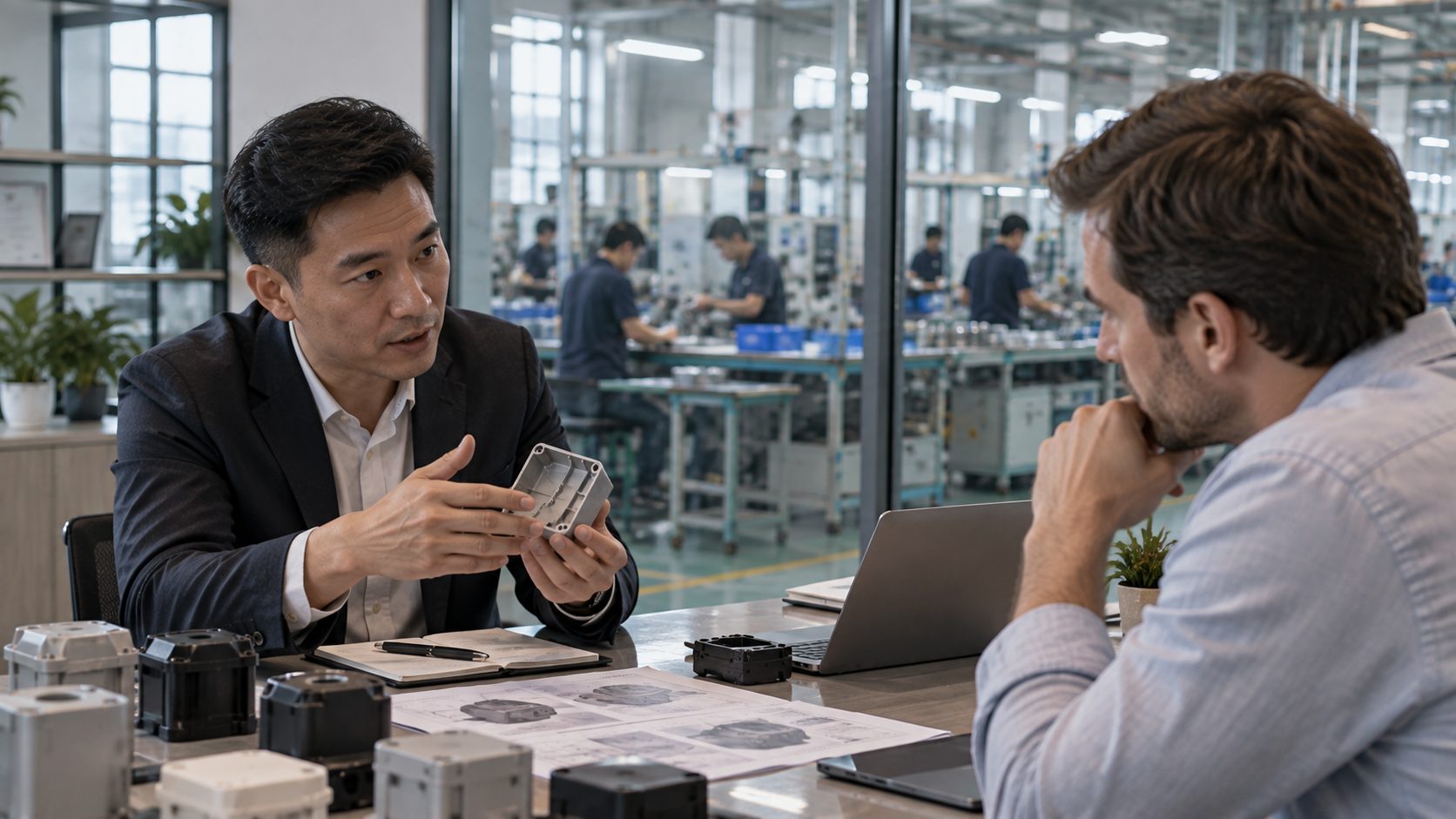 A sales representative discussing a product sample with a buyer, with a production floor and workers visible through glass in the background