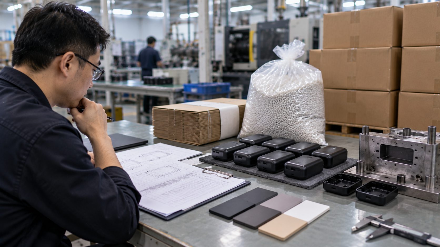 Product units, a roll of raw material, a stack of printed cartons and a machine setup fixture arranged in a factory planning area