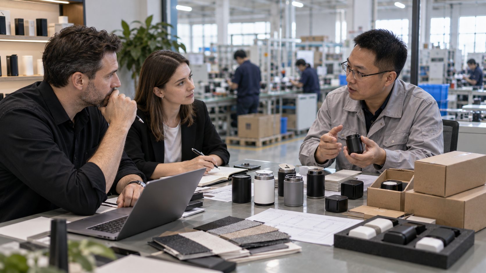 A buyer and factory representative at a sample-room table discussing a small batch of products, material swatches and packaging