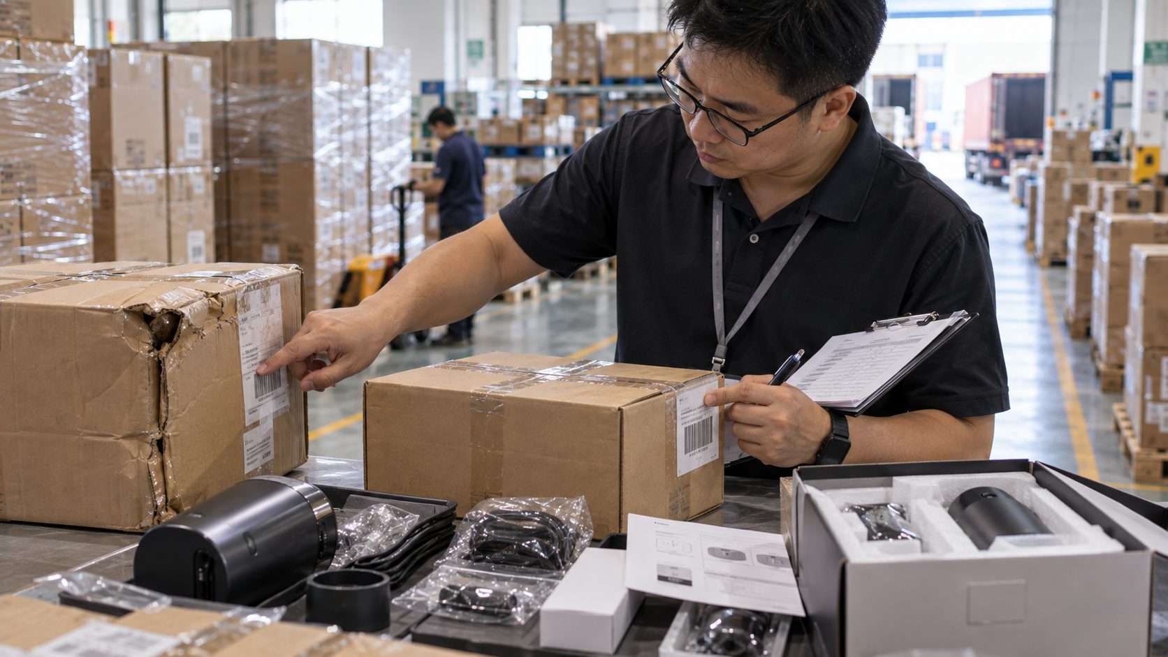 An inspector comparing carton labels, barcodes and packing list against the shipment, with one damaged carton corner shown alongside a correct carton