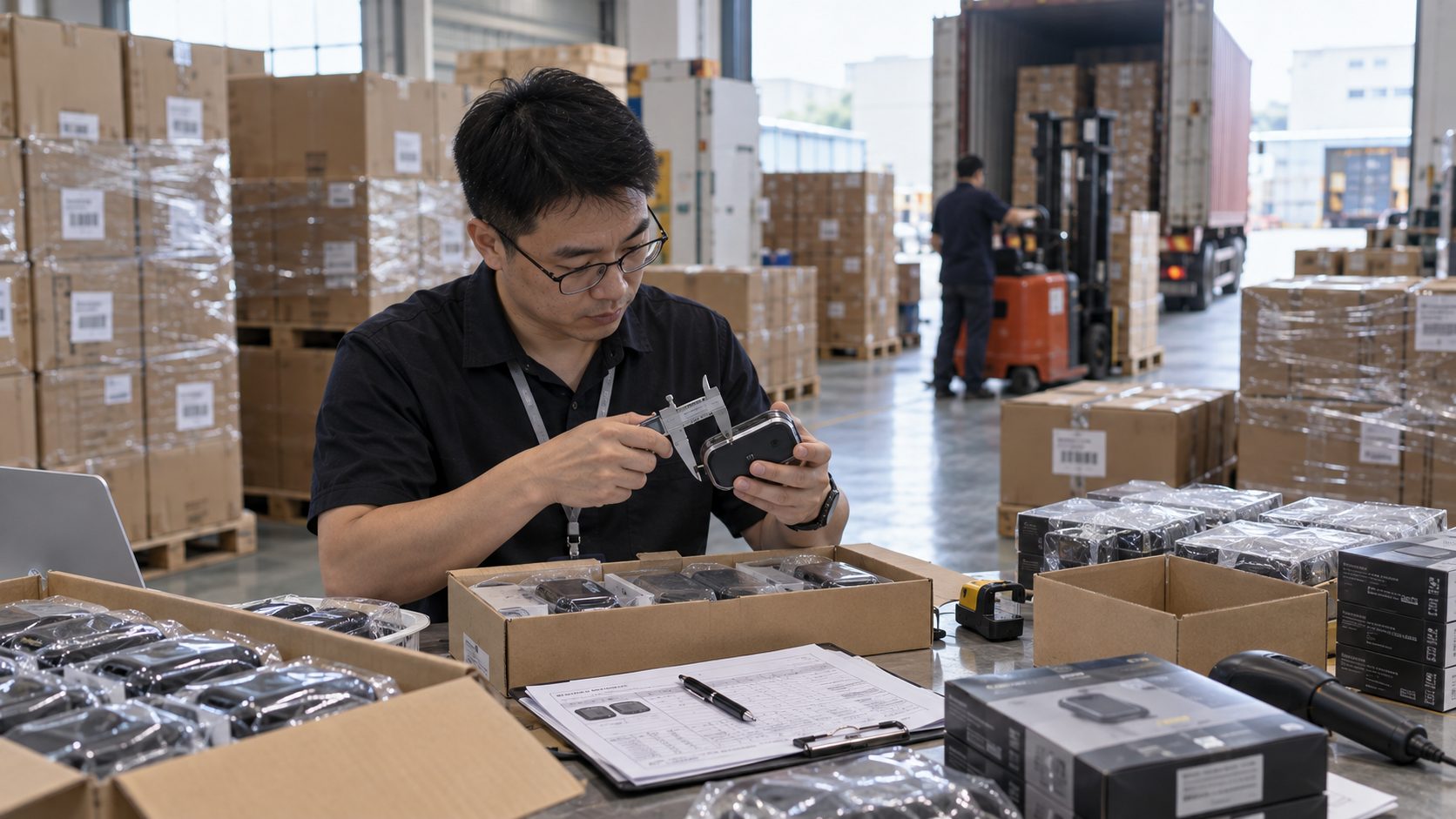 An inspector at a warehouse table opening cartons and checking finished products against a printed specification, with a caliper and packaging visible